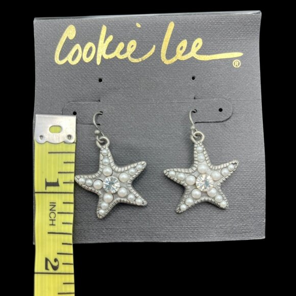 VTG Cookie Lee Earrings Starfish Faux‎ Pearls Rhinestone Dangle Silver Tone NEW - Picture 4 of 4